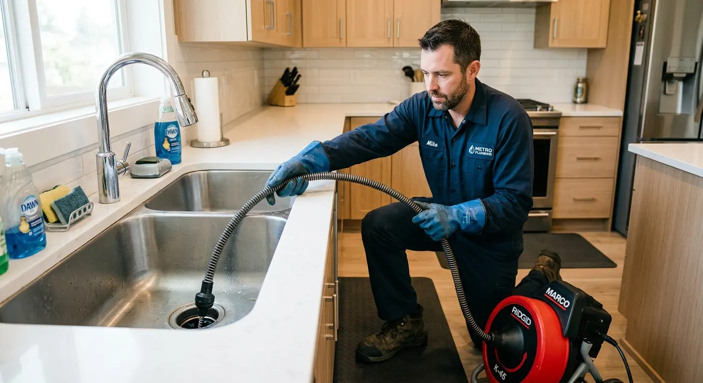 Drain cleaning technician using a motorized snake on a kitchen sink in Pine Hills
