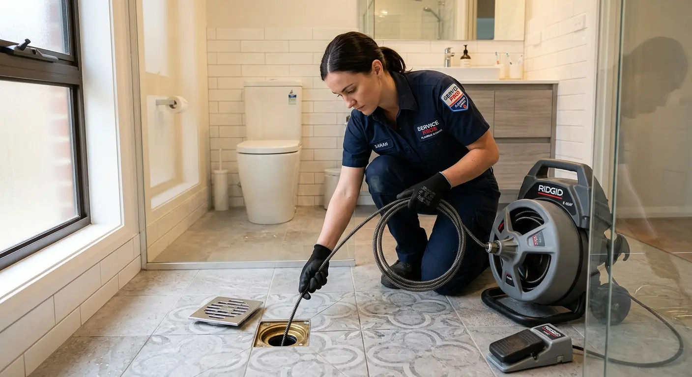 Technician clearing a bathroom floor drain for Hydro Jetting in Pine Hills